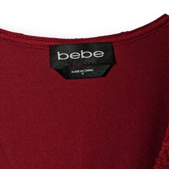 Bebe Slinky Lace Peplum Zipper Ruched Dress Plunging Neckline Size Small - Picture 4 of 6